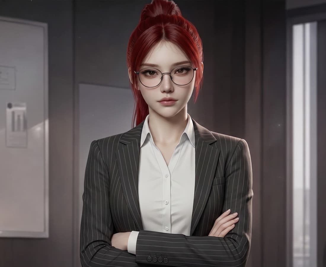 Jane, with red hair tied up high and glasses, arms crossed in a pinstripe suit in an office