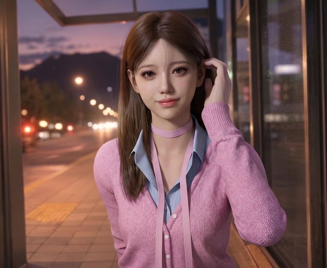 Noah, a young woman with long brown hair and a pink cardigan, at a bus stop on a city street at dusk
