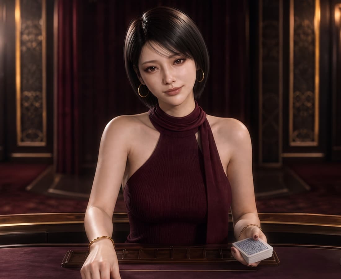 Yujin, with a short black bob, holding a deck of cards at a casino table