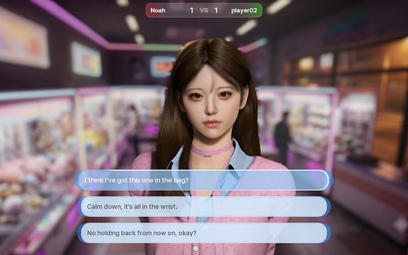 In-game: Noah at a claw machine arcade, with three reply choices on screen