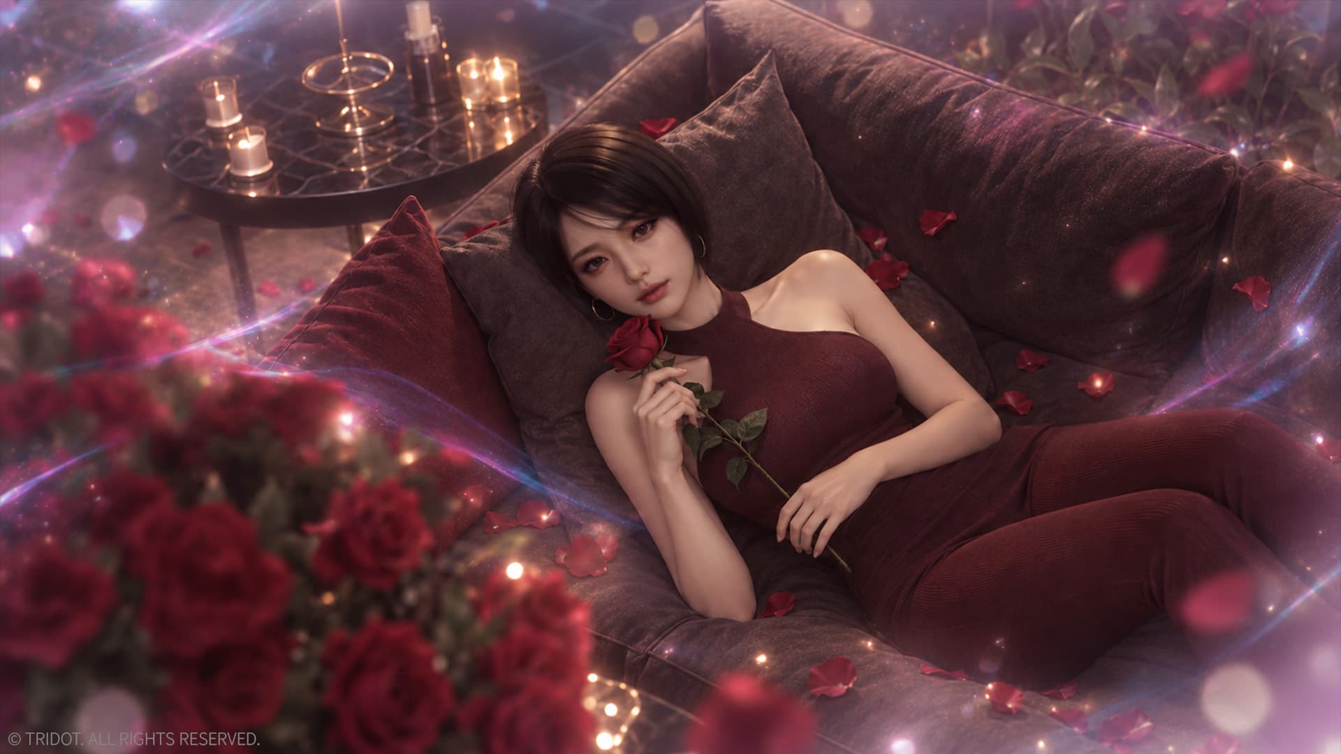 Yujin lying on a sofa among red roses, holding a single rose