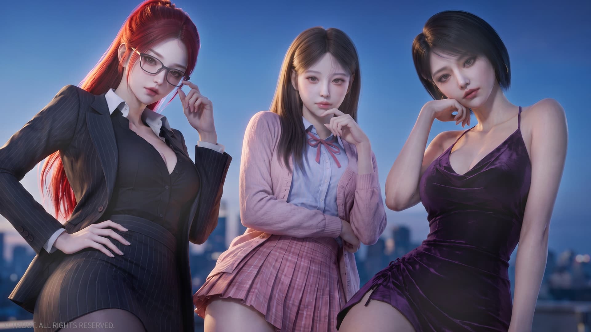 Jane, Noah and Yujin together against a blue sky