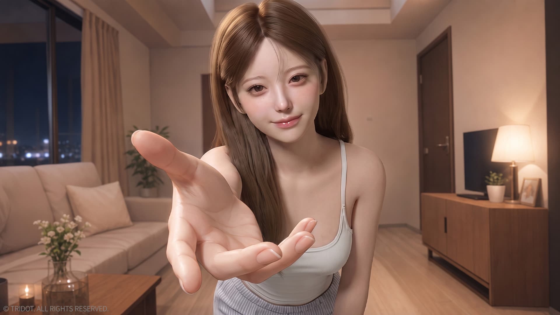 Noah reaching out her hand to you in a warmly lit living room