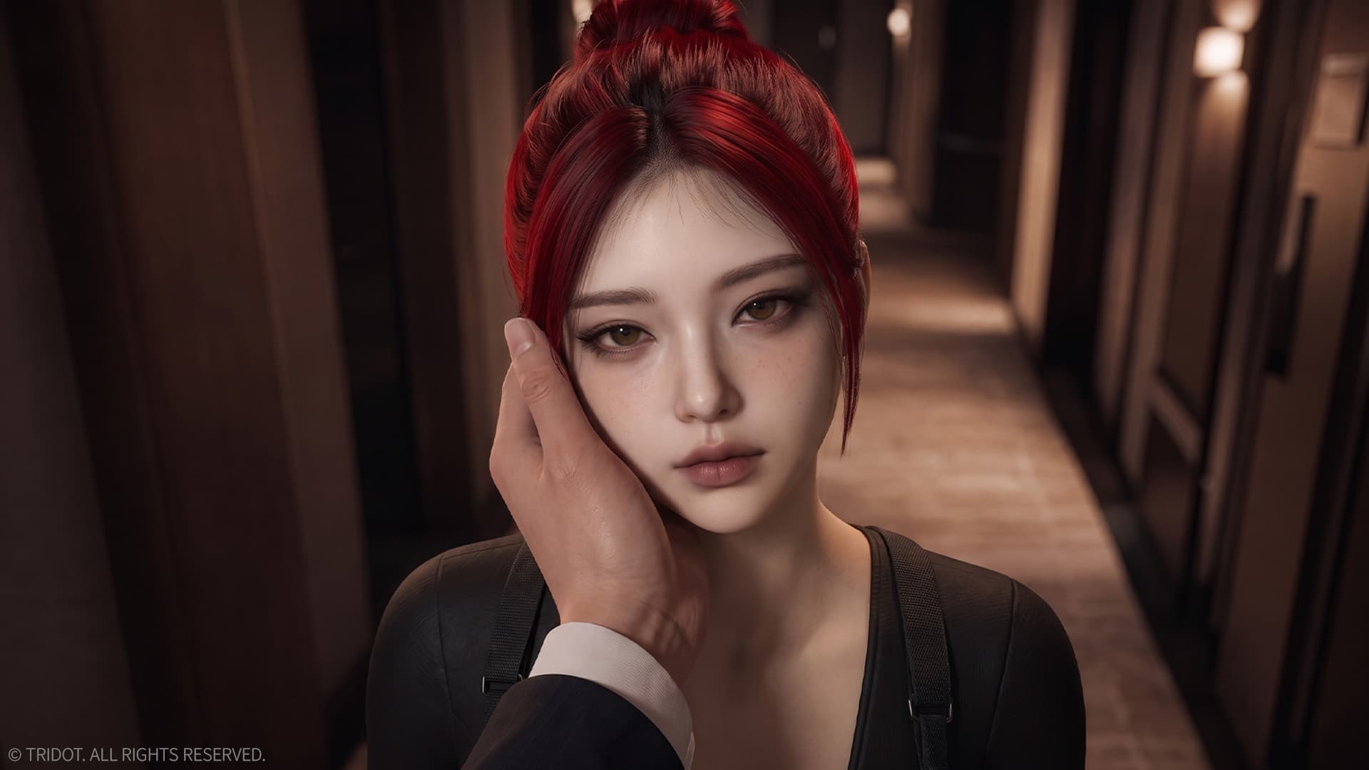 Jane in a dim hallway, a hand resting against her cheek
