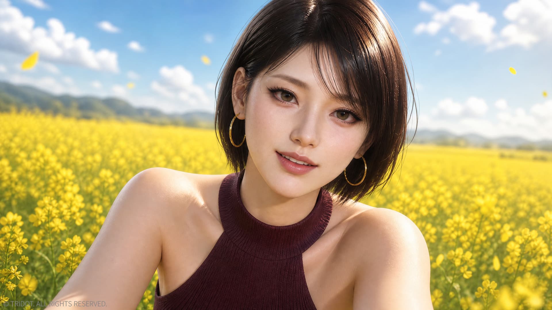 Yujin smiling in a field of yellow rapeseed flowers